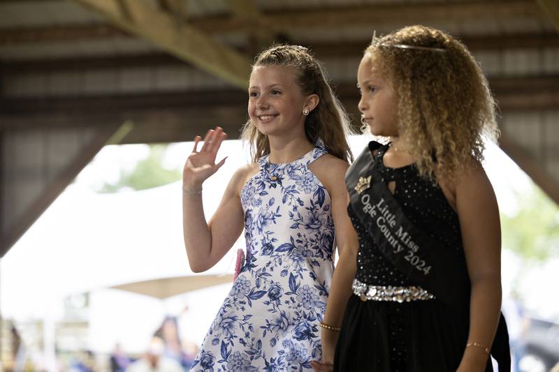 Priya Pelletier, 8, competes in the Little Miss Ogle County pageant, Thursday, July 30, 2025, at the Ogle County Fairgrounds.