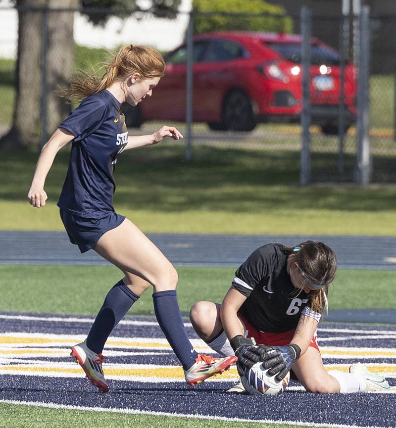 Sterling’s Delia Block follows up a stop by Streator’s Leia Gammie Friday, May 15, 2026, during the Class 2A regional soccer quarterfinal.