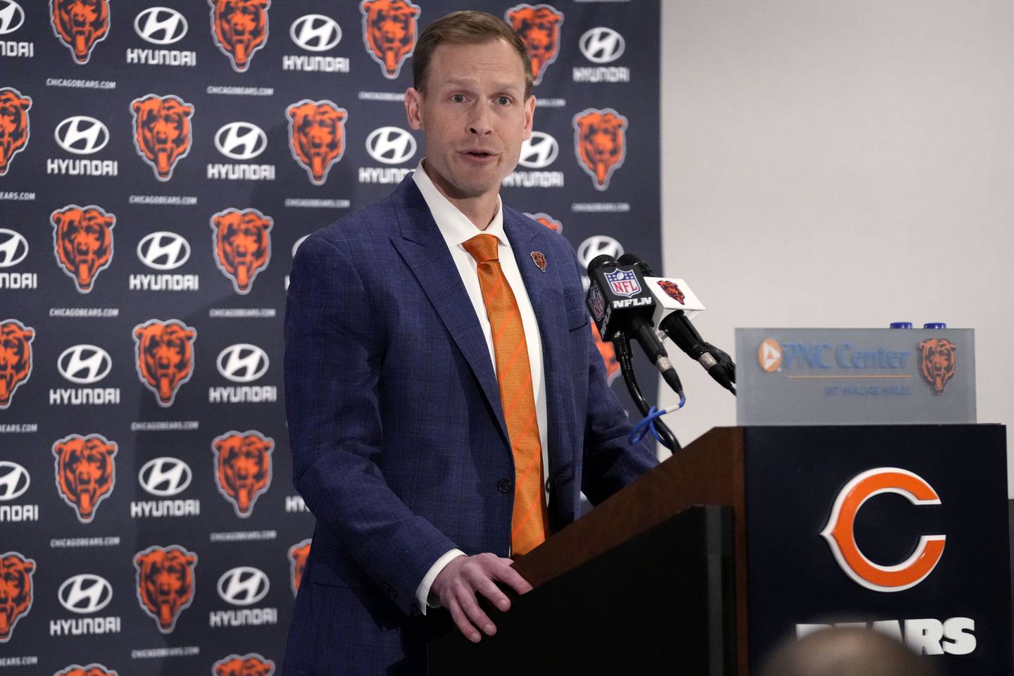 Chicago Bears new coach Ben Johnson speaks following his introduction at an NFL football news conference at Halas Hall in Lake Forest, Ill., Wednesday, Jan. 22, 2025. (AP Photo/Nam Y. Huh)