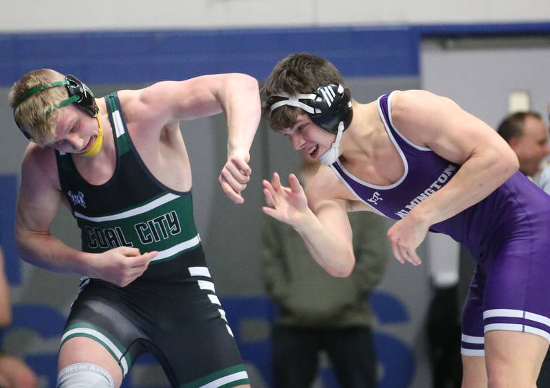 Coal City's Cade Poyner wrestles Wilmington's Logan VanDuyne during the 61st annual Lyle King wrestling tournament on Saturday, Jan. 11, 2024 at Princeton High School.