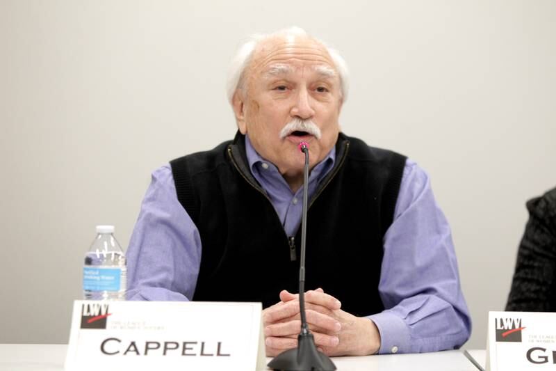 Charles Cappell, candidate for Campton Hills trustee, answers a question during a candidates’ forum hosted by the League of Women Voters at the Campton Hills Village Hall on Thursday, March 2, 2023.