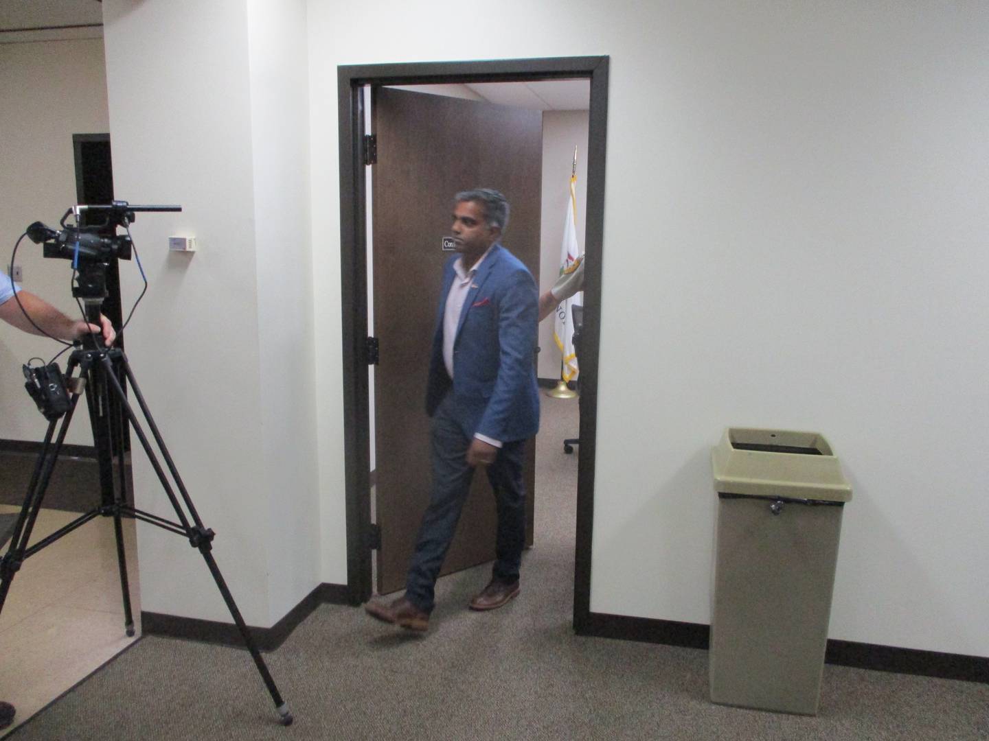 Raj Pillai, an alternate delegate to the Veterans Assistance Commission of Will County, leaves a closed session of the commission's executive board meeting on Thursday, Aug. 4, 2022, in Joliet after being told he could not attend.
