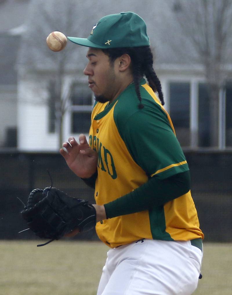 Fremd’s Santino lacullo tries to field a bad throw during a nonconference baseball game against Huntley on Tuesday, March 24 2026, at Huntley High School.