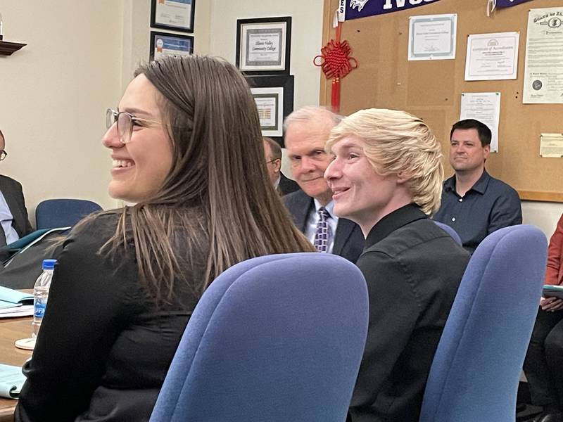 Outgoing student trustee (left) Madison Miranda, of DePue, was honored at Thursday’s Illinois Valley Community College board meeting. She is seated next to incoming student trustee Austin Dille, of Ottawa.