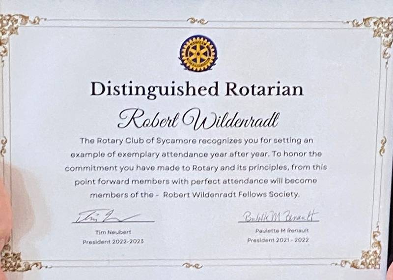 The “Robert Wildenradt Fellows Society” perfect attendance recognition certificate