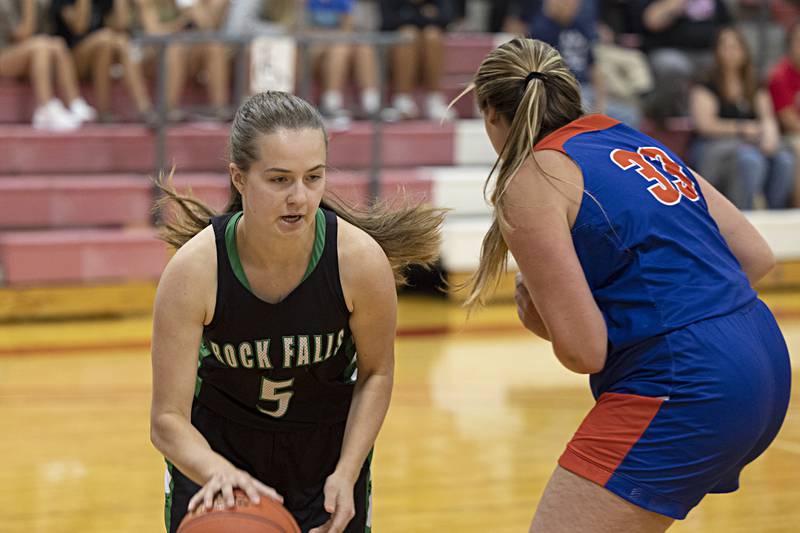 Rock Falls’ Rylee Johnson handles the ball Thursday, June 15, 2023 during the Sauk Valley Media All-Star Basketball Classic at Sauk Valley College.