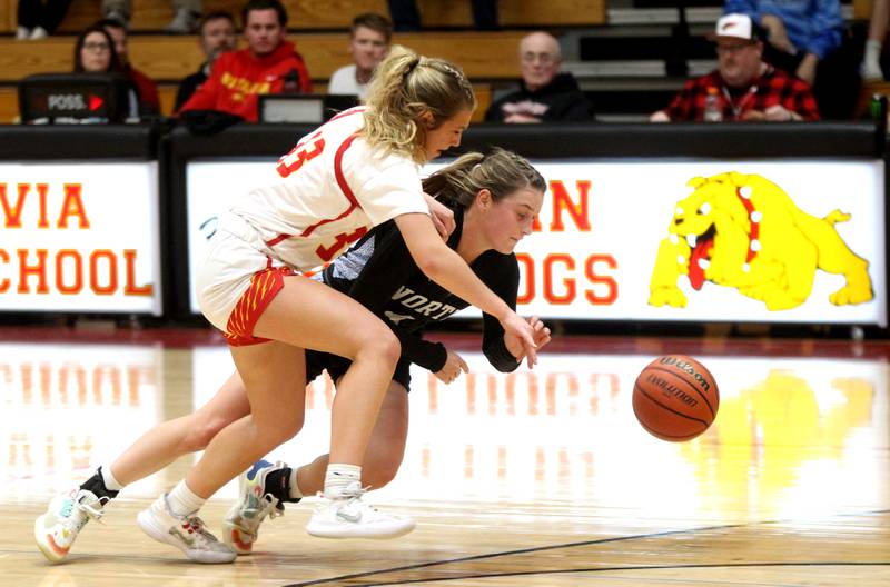 Batavia’s Natalie Warner (left) and St. Charles North’s Julia Larson stumble to the floor during a game against St. Charles North at Batavia on Thursday, Jan. 12, 2023.