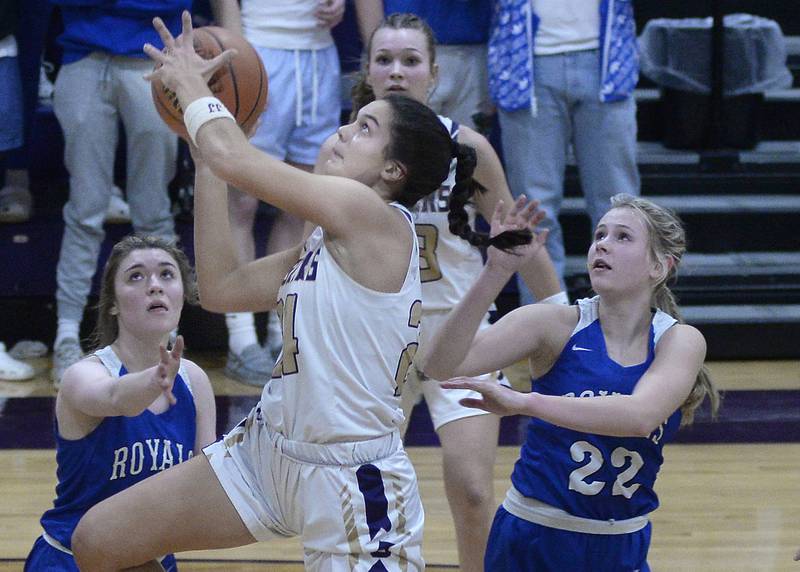 Serena’s Paisley Twait goes over the HBR defense to score in the 1st period during the Class 1A Sectional on Tuesday, Feb. 21, 2023 at Serena High School.