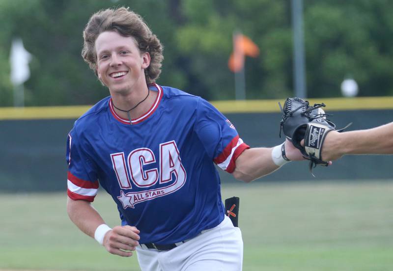 Barrington's Peter Ensign smiles during the ICA Senior Baseball All Star Game on Monday, June 30, 2025 at Schweickert Stadium in Peru.