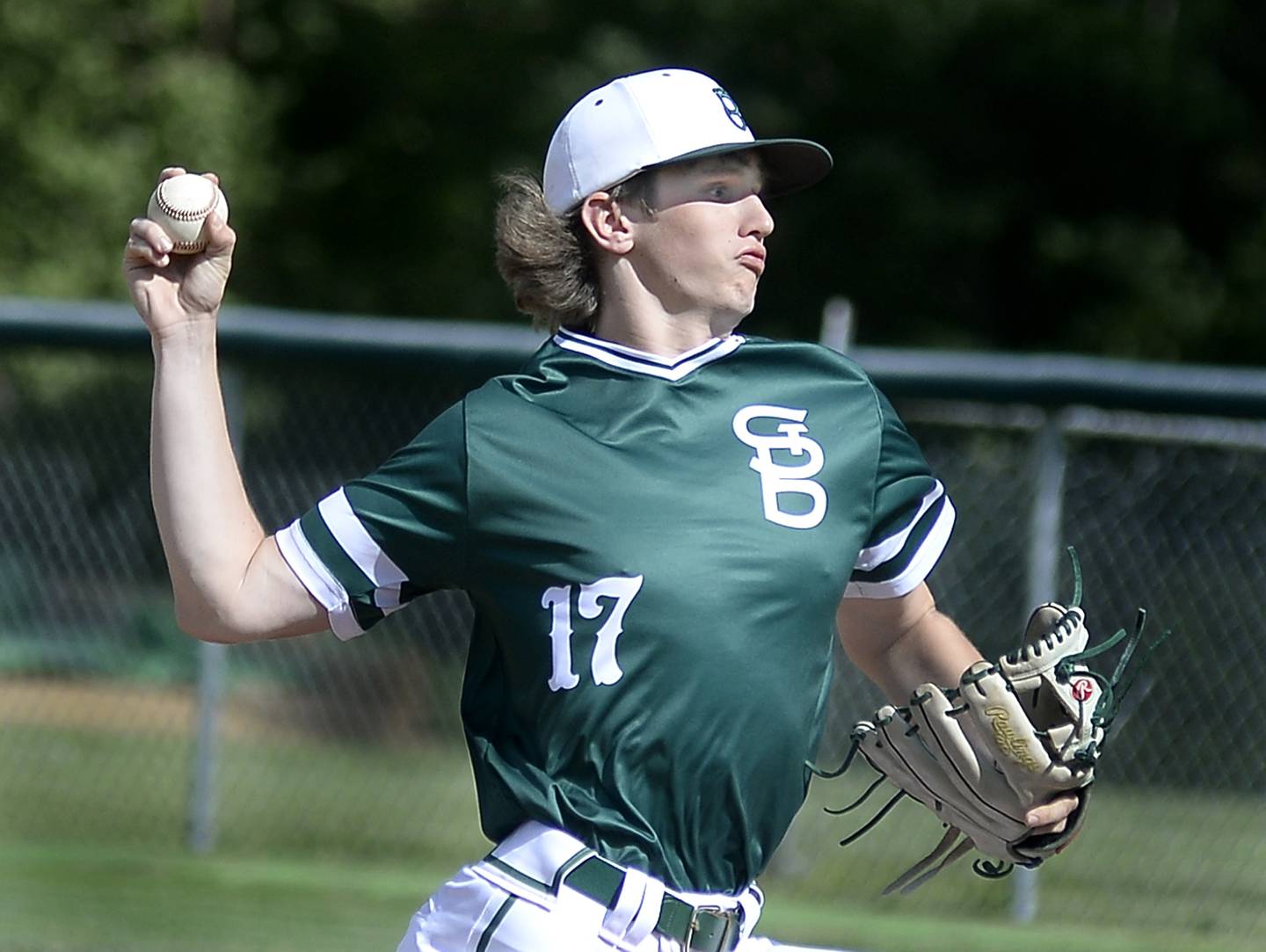 St. Bede starting pitcher Auggie Weisbrock (17) delivers home Monday, May 16, 2022, during the Bruins' regional-opening win at home over Earlville.