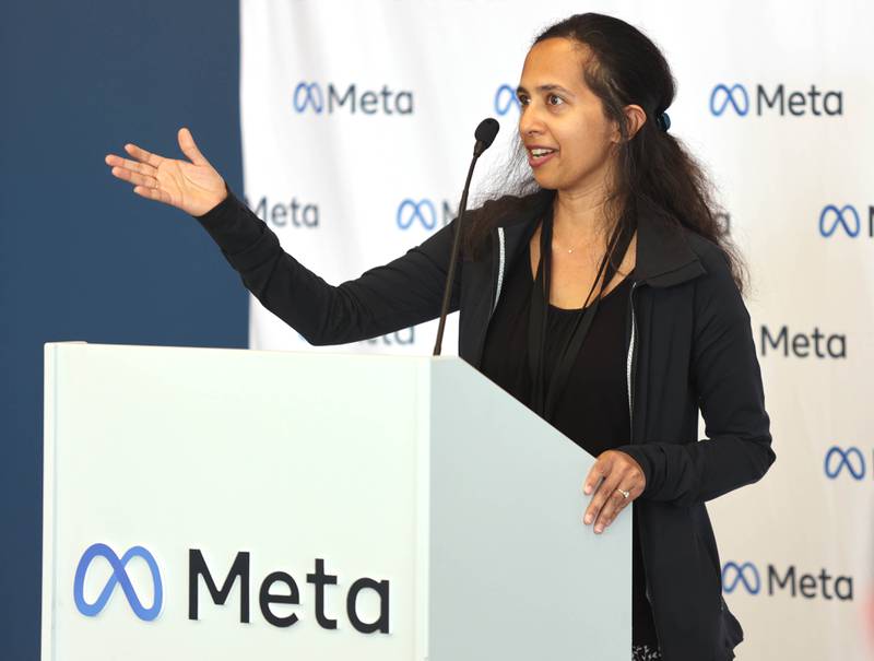 Amruta Sudhalker, data center sustainability program manager at Meta, talks about how they were able to decrease the carbon footprint during construction at the data center during a press conference Wednesday, April 27, 2022, at the Meta DeKalb Data Center. Meta announced Wednesday that they will be expanding the Meta DeKalb Data Center by three new buildings. Once completed, the nearly 2.4 million-square-foot data center will represent an investment of over $1 billion and will support more than 200 operational jobs.
