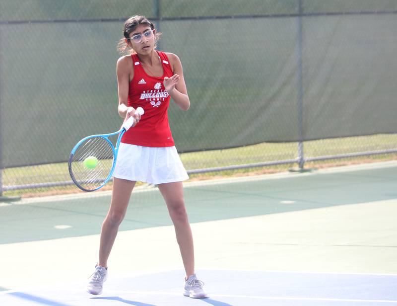 Streator No. 1 singles player Garvi Patel returns a serve while playing during the Class 1A girls tennis sectionals on Thursday, Oct. 16, 2025 at Ottawa High School.