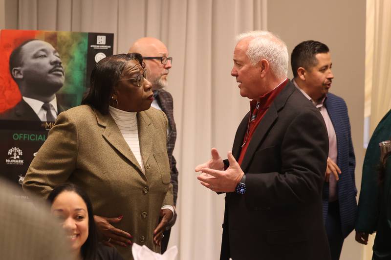 Betty Washington, former President of the Joliet Branch of the NAACP, and Joliet Mayor Terry D’Arcy talk at the MLK Brunch & Celebration 2025 on Saturday, Jan 18, 2025 in Joliet.