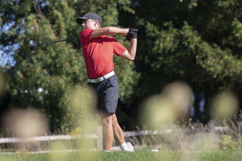 Oregon’s Jackson Messenger watches his tee shot against Rock Falls Tuesday, Sept. 3, 2024, at Silver Ridge Golf Club in Oregon.
