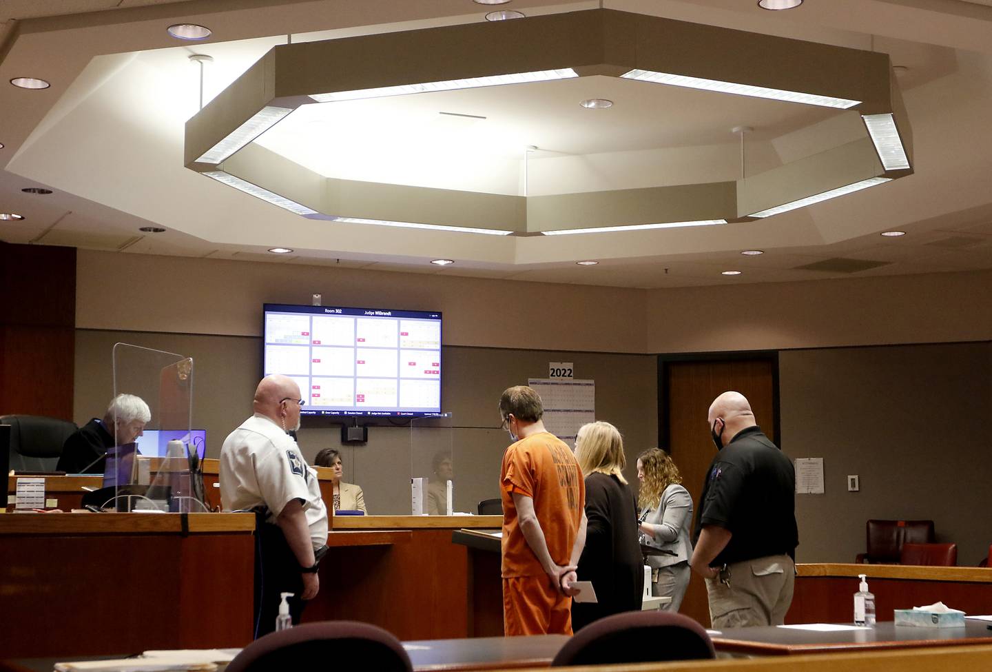 William P. Linke stands in front of Judge Robert Wilbrandt during a hearing Thursday, April 14, 2022, at the McHenry County Michael J. Sullivan Judicial Center in Woodstock. Linke was one of three people charged in the March 2020 murder of Robert Krikie Jr., a homeless man whose body was found floating in the water at Three Oaks Recreation Area in Crystal Lake.