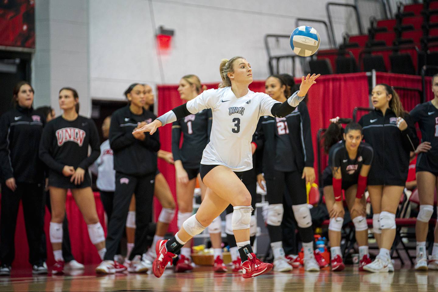Rock Falls native Maya Sands serves during UNLV's volleyball match against Wyoming at Cox Pavilion in Las Vegas on Nov. 17, 2022. The Rebels won 3-1 and were crowned the Mountain West regular-season champions. Sands started all season at libero for UNLV, and is transferring to Missouri for next season.