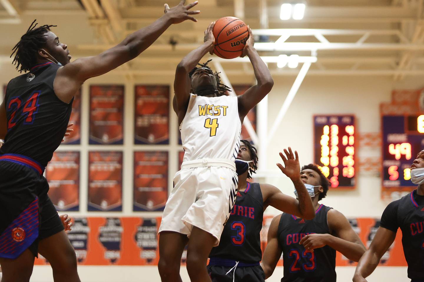 Joliet West's Toby Onyekonwu goes up for the shot against Curie. Saturday, Jan. 15, 2022 in Romeoville.