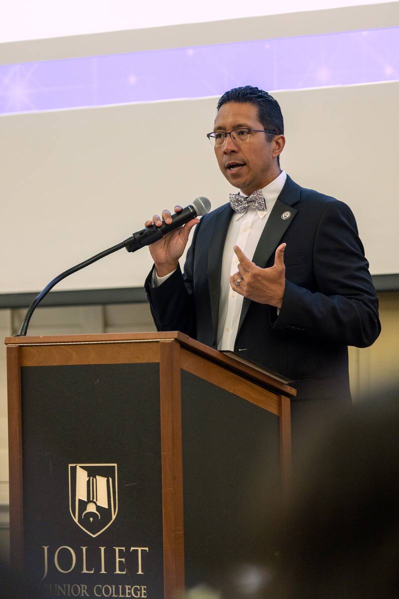 Clyne Namuo, Joliet Junior College president, speaks at the college's Night of Starts awards event at the Renaissance Center in downtown Joliet on Sept. 12, 2024.