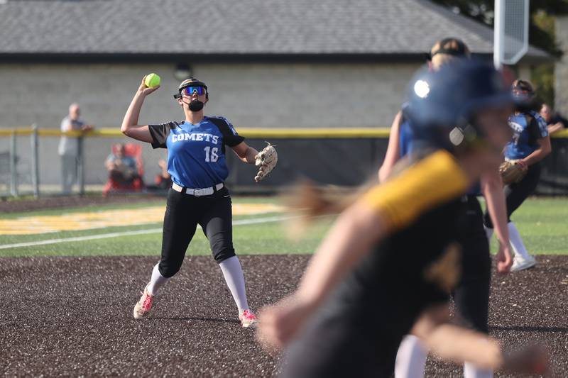Central's Mia Koch-Perzee looks to throw to first for an out during the Comets' 13-6 loss to Herscher on Wednesday, May 14, 2025.