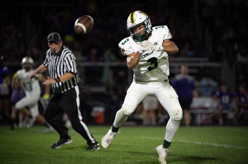 Coal City's Brody Widlowski misses a reception in a game against Manteno on Friday, October 3, 2025.