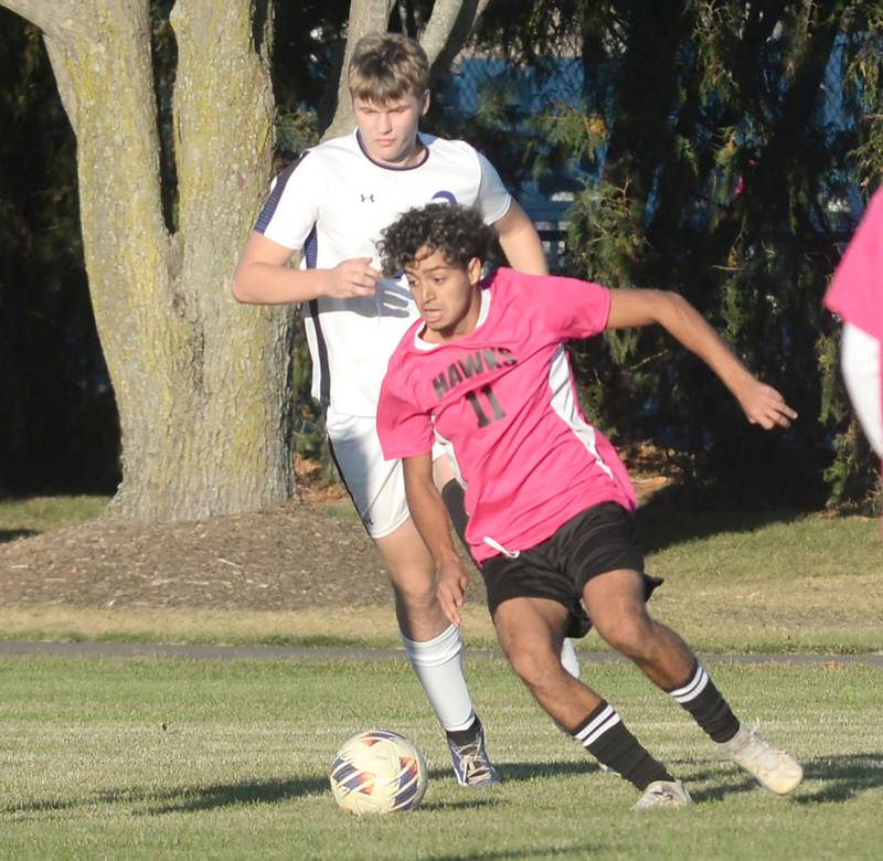 Oregon's Justin Montez-Arroyo moves on to the balll during a Thursday, Oct. 9, 2025 game with Faith Christian at Oregon Park West.
