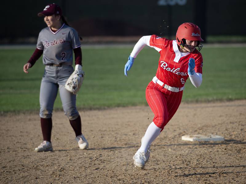 Bradley-Bourbonnais' Avery Moutrey rounds second base on her way to score in the fifth inning of Thursday's game against Lockport.