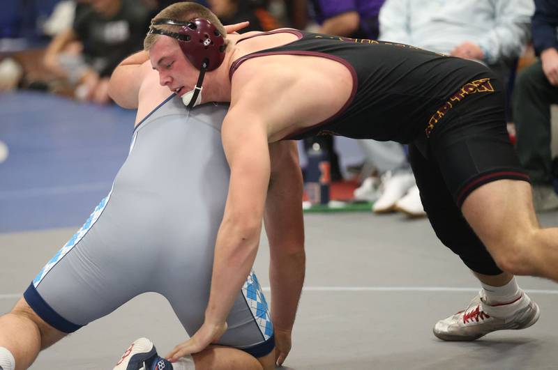 Richmond-Burton's Breckin Campbell wrestles Olympia's Darian Holloway during the 62nd annual Lyle King Princeton Invitational boys tournament on Saturday, Jan. 10, 2026 at Princeton High School.
