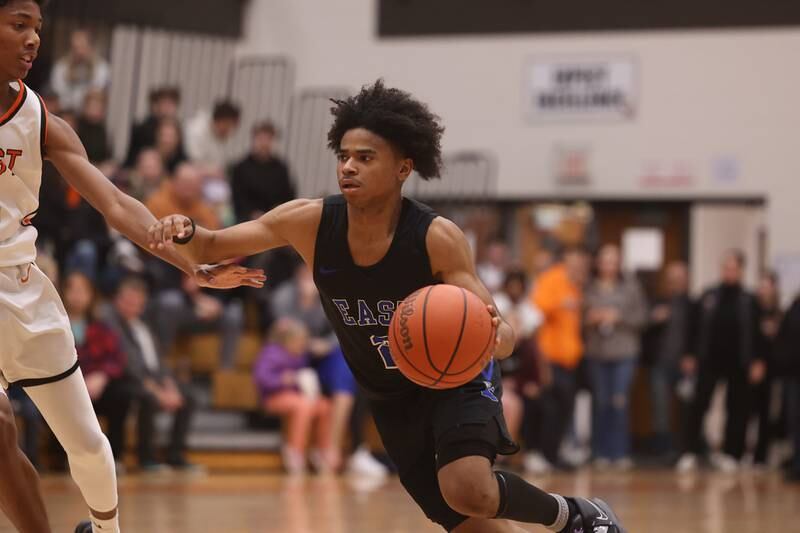Lincoln-Way East’s Kaiden Ross drives to the basket against Lincoln-Way West.
