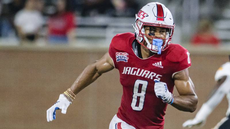 South Alabama Jaguars wide receiver Jalen Tolbert plays against Southern Miss on Sept. 4, 2021 in Mobile, Ala.