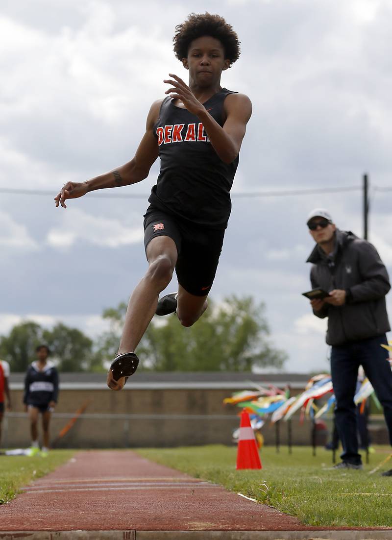 DeKalb’s Adam Allen competes in the triple jump during the Huntley IHSA Class 3A Boys Sectional Track and Field Meet on Thursday, May 22, 2025, at Huntley High School.