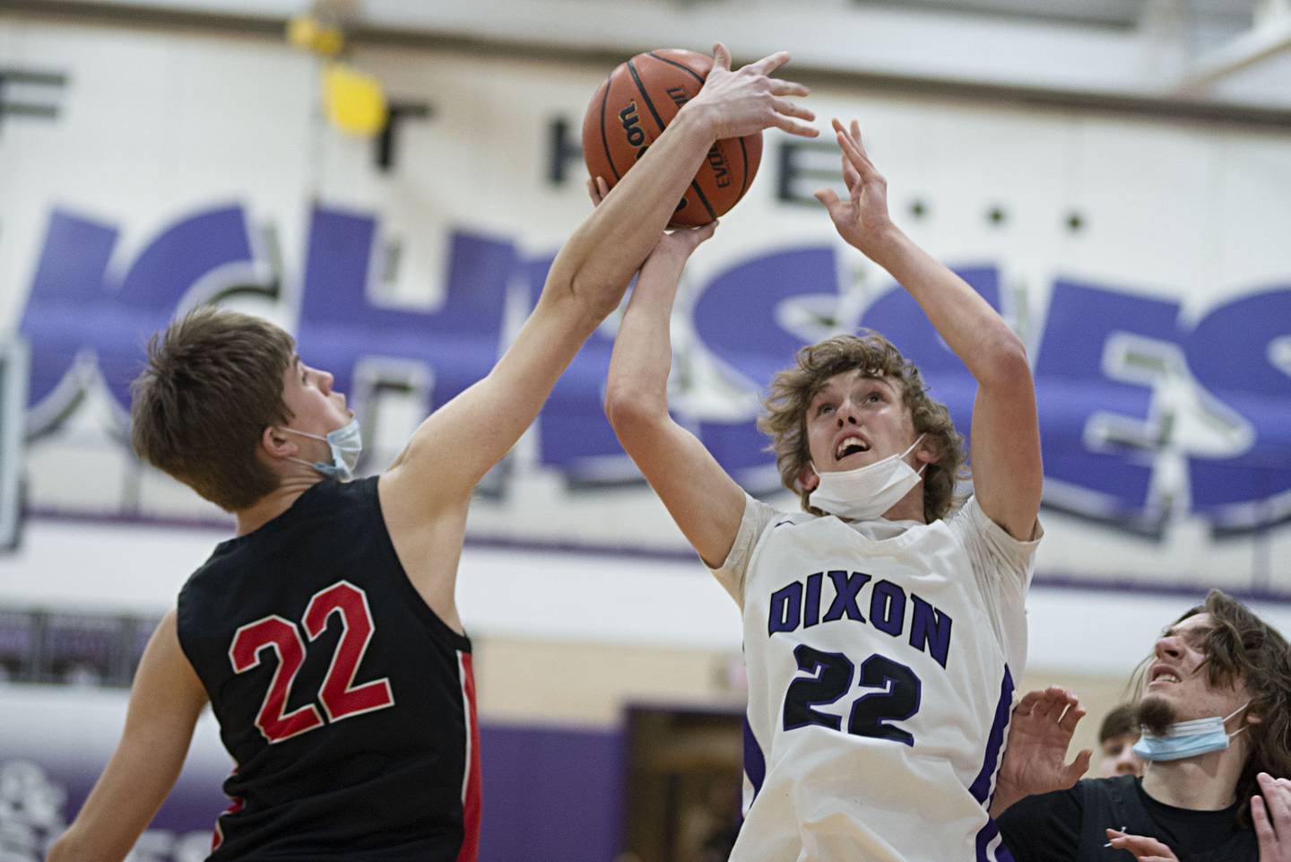 Dixon's Bryce Feit has his shot blocked by Stillman Valley's Philip Broski on Tuesday, Feb. 1, 2022.