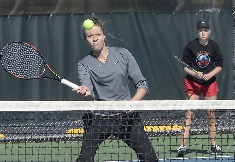 Ottawa’s Rylee O’Falon and Jenna Smithmeyer play in final match in the Class 1A Sectional girls tennis meet on Saturday, Oct. 15, 2022 at Ottawa.