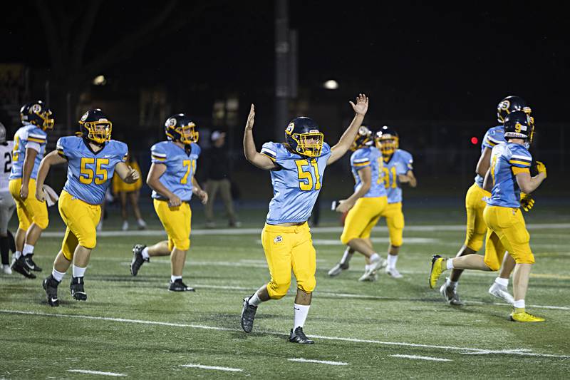 Sterling’s Braedyn Thomas celebrates Ryan Gebhardt’s 47 yard field goal against Galesburg Thursday, Sept. 14, 2023 at Sterling High School.