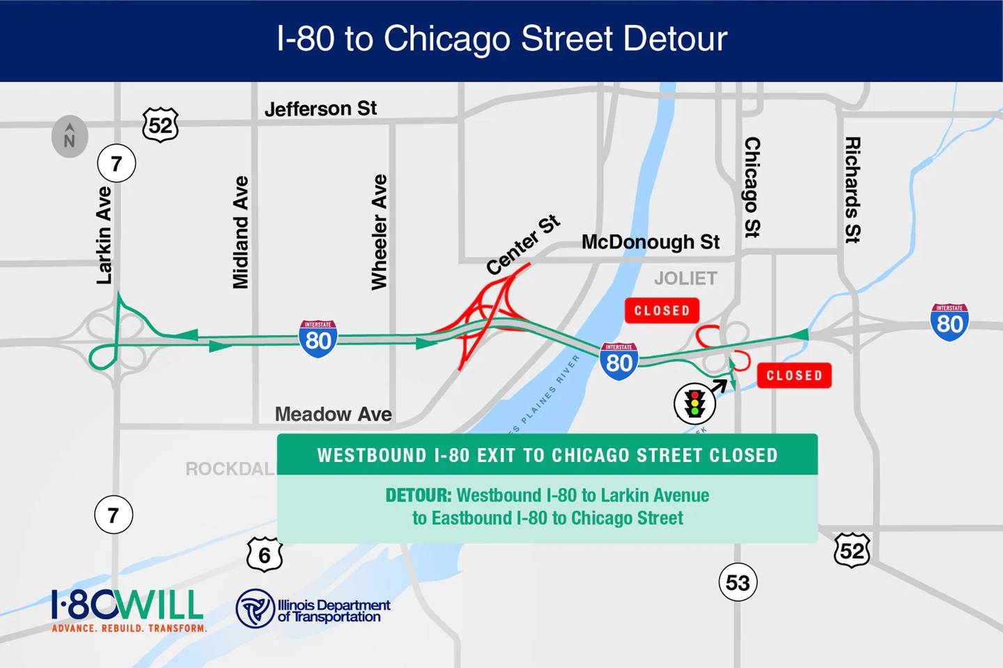 The Illinois Department of Transportation will be closing ramps for the rebuilding of the interchange at Interstate 80 and Chicago Street  in Joliet beginning on Friday, April 24, 2026.