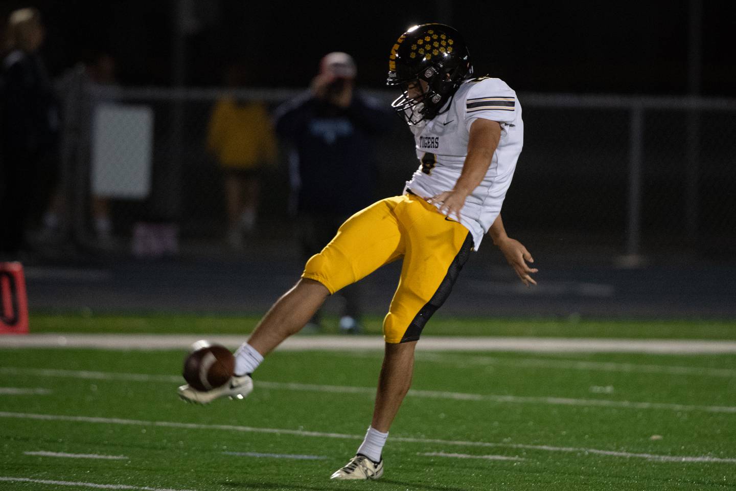Joliet West's Adrian Ramirez punts during a game against Plainfield South Friday Oct. 4, 2024 at Plainfield South High School