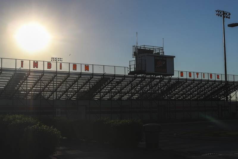 The words "Indian Nation" covers the top of the bleacher at the Minooka football field on Wednesday, June 16, 2021, at Minooka Community High School in Minooka, Ill. The MCHS School board heard public comment, as a task force debates on how to change the Minooka High School Indian mascot to make it more respectful.