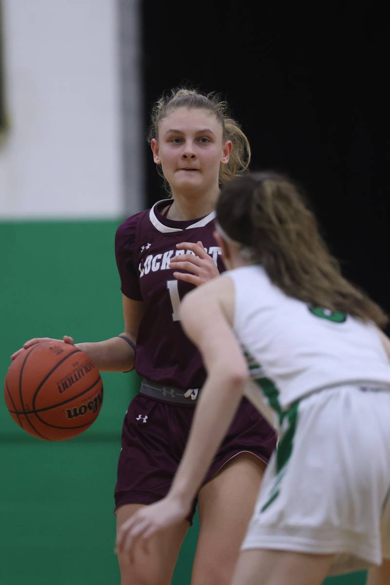 Lockport’s Patricia Tamasauskas looks for a play against Providence.