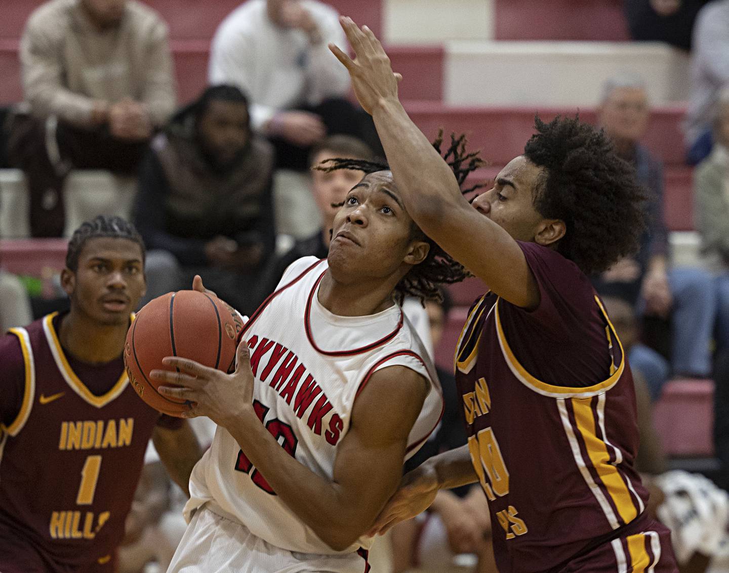 Sauk Valley’s Sean Burress drives to the hoop against Indian Hills’ Braden Sparks Thursday, Jan. 11, 2024 at SVCC.