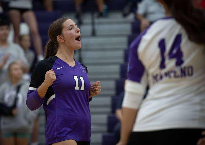 Manteno's Morgan Derrico, left, celebrates a point won over Coal City in a match on Thursday, September 11, 2025.