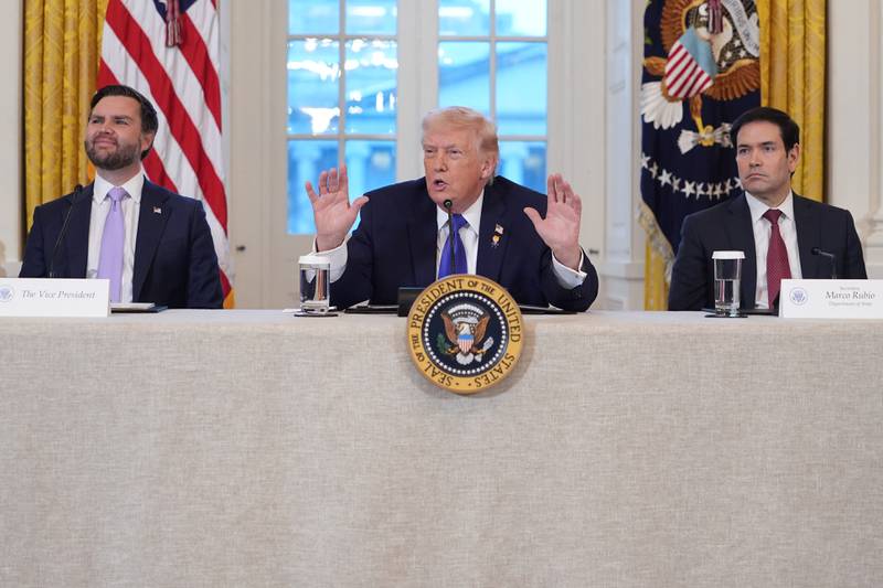 FILE - President Donald Trump speaks during a meeting with oil executives in the East Room of the White House, Jan. 9, 2026, in Washington, as Vice President JD Vance and Secretary of State Marco Rubio listen. (AP Photo/Evan Vucci, File)