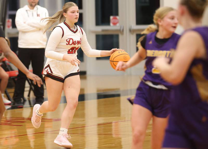 Hall's Ava Delphi dribbles the ball down the court against Mendota on Monday, Dec. 1, 2025 at Hall High School.