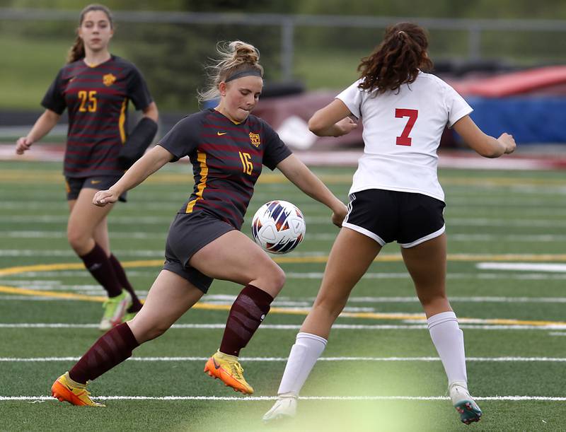 Richmond-Burton's Alexa Anderson controls the ball in front of Woodlands Academy’s Maddie Montez during a IHSA Division 1 Richmond-Burton Sectional semifinal soccer match Tuesday, May 16, 2023, at Richmond-Burton High School.