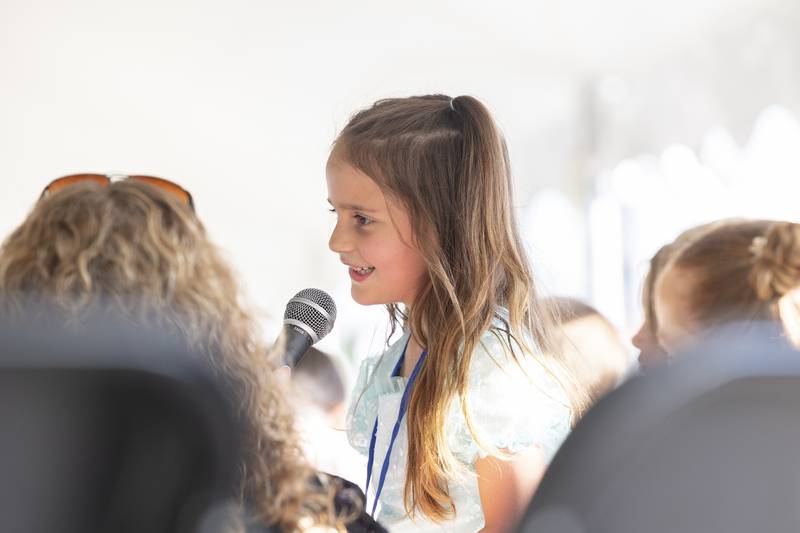 Laekyn Cavazos, 6, answers a question Thursday, June 26, 2025, during Polo’s Little Miss and Mister pageant.