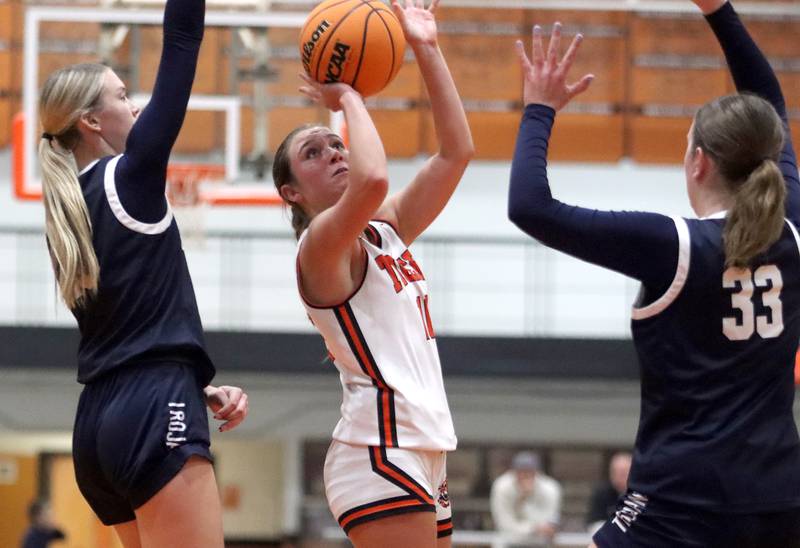 Crystal Lake Central’s  Samantha Pottorff takes a shot against Cary-Grove in varsity girls basketball on Tuesday, Jan. 7, 2025, at Crystal Lake Central High School in Crystal Lake.
