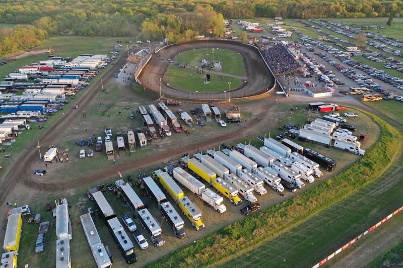 An aerial view of the pit area and race track during the season opening race on Tuesday, May 6, 2025 at La Salle Speedway.