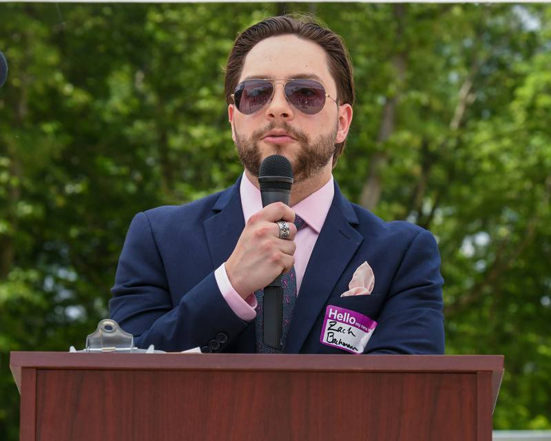 Highway Community Chairman Zach Bachmann speaks during the grand opening of the Eldamain Road bridge on May 31st 2023.