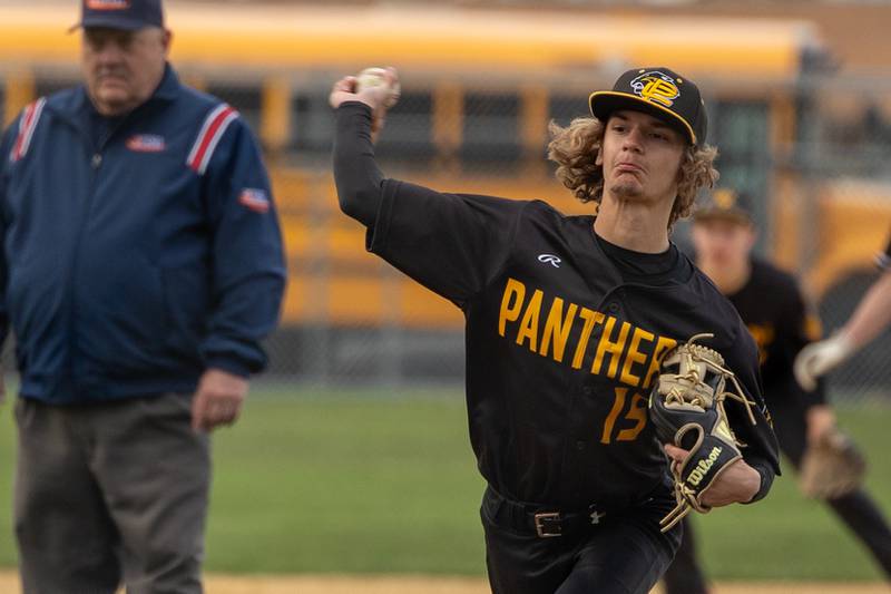 Jacob Furar (15) of Putnam County pitches on Thursday, April 17, 2025 at Woodland High School in Streator.