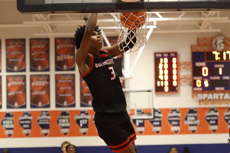 Bolingbrook's TJ Williams dunks against Romeoville on Tuesday, Dec. 2, 2025 in Romeoville.
