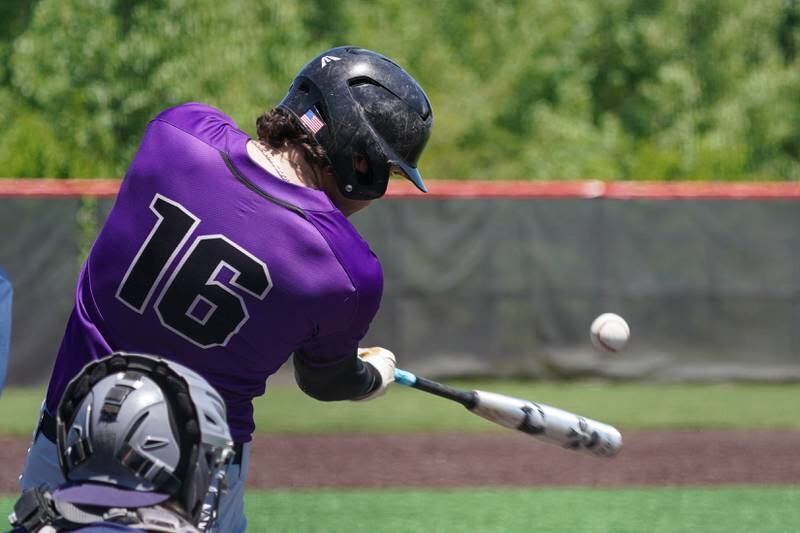 Downers Grove North's Jimmy Janicki (16) slaps a two run double against Oswego East during a 4A Bolingbrook Regional Championship baseball game at Bolingbrook High School on Saturday, May 25, 2024.