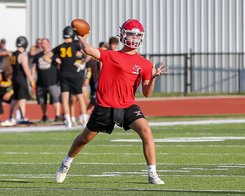 Yorkville's Kyle Stevens delivers a pass during the Morris High School 7 on 7.  July 12, 2022.